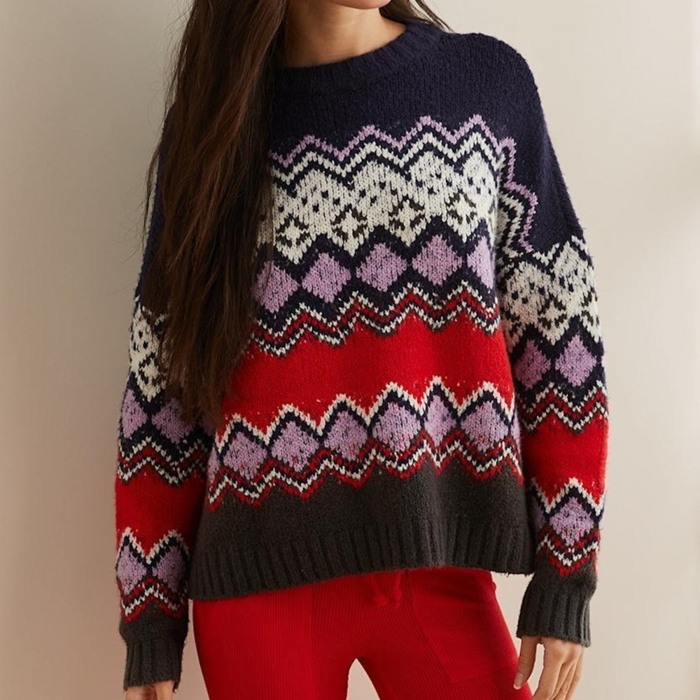 Aerie $65 Small Petite Oversized Navy Fair Isle Geometric Crew‎ Neck Sweater